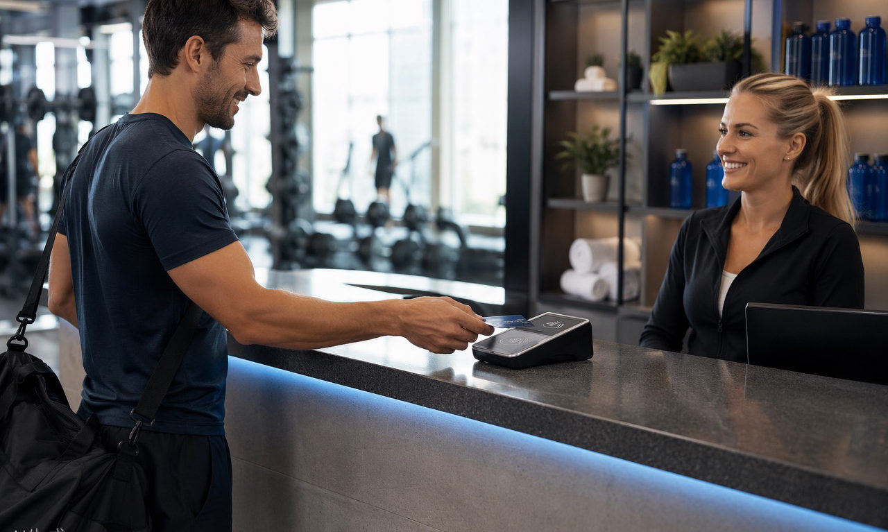 Member paying at the gym front desk with a contactless card