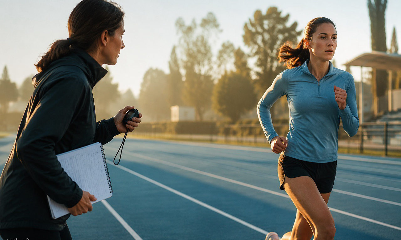 Coach timing an athlete’s interval session outdoors