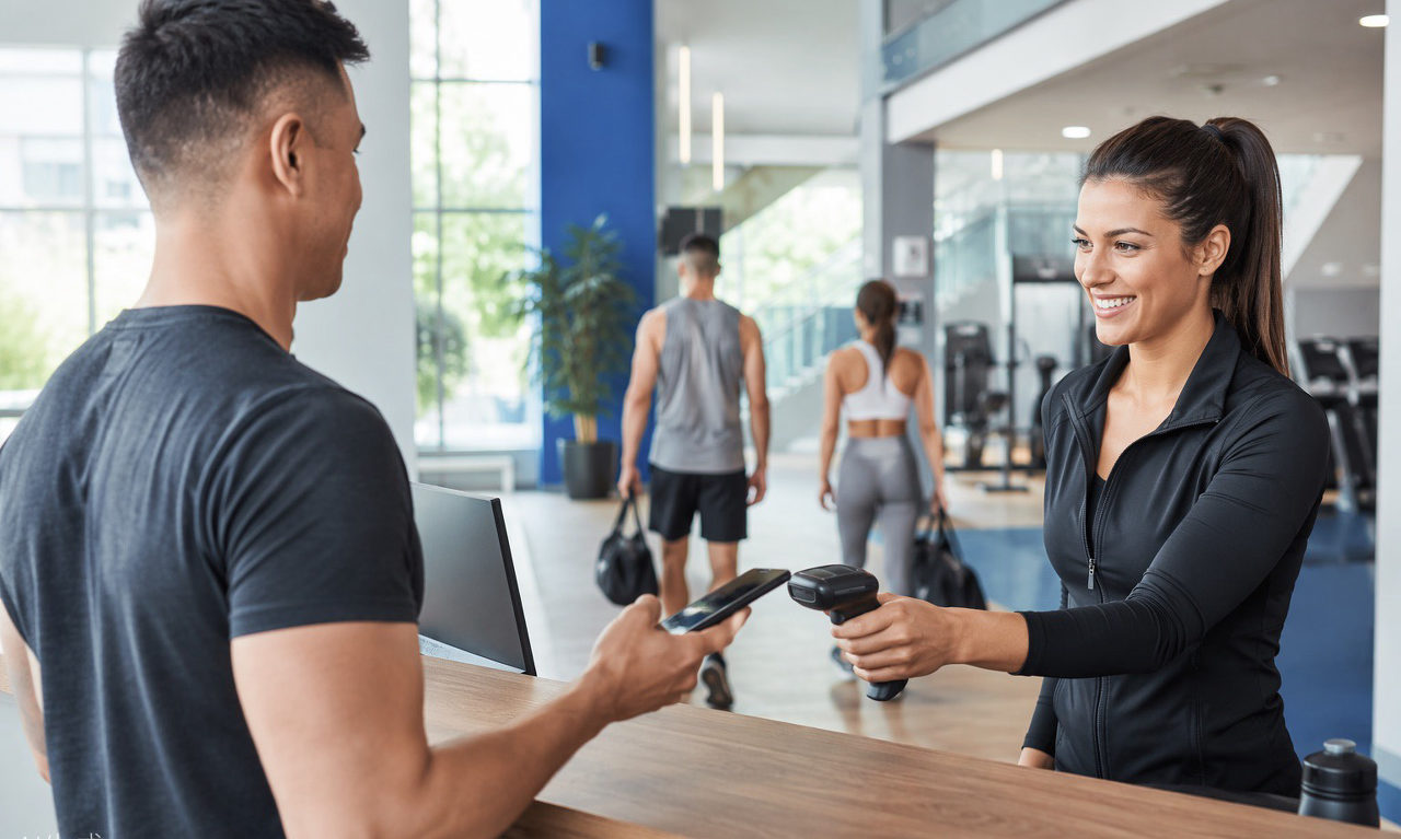 Front desk staff scanning a member’s phone at check-in
